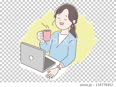 パソコン前でコーヒーを飲んでリラックスしている女性のイラスト パソコン前でコーヒーを飲んでリラックスしている女性のイラスト 138776952