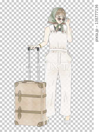 一位女士扛著一個箱子；一位女士要去旅行；行李箱；太陽眼鏡；圍巾。 138777136