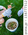 Father and son collecting inedible mushrooms from lawn wearing protective gloves. 138777312