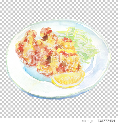 お皿に盛りつけられた唐揚げの水彩イラスト お皿に盛りつけられた唐揚げの水彩イラスト 138777434