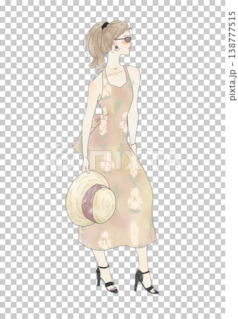 A woman in a dress, facing sideways, wearing a straw hat and sunglasses. 138777515