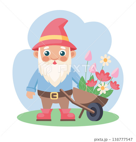 Cute Garden gnome with flowers in wheelbarrow. Children illustration. Cute Garden gnome with flowers in wheelbarrow. Children illustration. 138777547