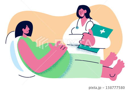 A female obstetrician doctor with a clipboard talking to a pregnant woman resting on a medical bed. Corporate Memphis vector illustration for prenatal consultation and healthcare. A female obstetrician doctor with a clipboard talking to a pregnant woman resting on a medical bed. Corporate Memphis vector illustration for prenatal consultation and healthcare. 138777580
