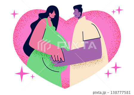 A happy couple holding hands on a pregnant belly within a large pink heart. Corporate Memphis style vector illustration for family support, love, and pregnancy care. 138777581