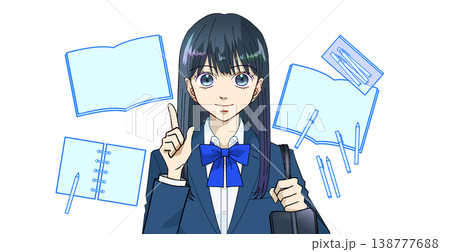 テスト対策や受験勉強のイメージに使える、学習アイテムと女子学生のアニメ風イラスト、白バック テスト対策や受験勉強のイメージに使える、学習アイテムと女子学生のアニメ風イラスト、白バック 138777688