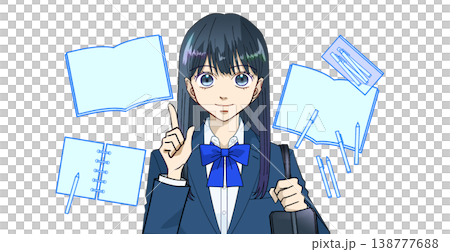 A white background with anime-style illustrations of study items and female students, suitable for use in test preparation and exam studying. A white background with anime-style illustrations of study items and female students, suitable for use in test preparation and exam studying. 138777688