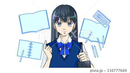 テスト対策や受験勉強のイメージに使える、学習アイテムと女子学生のアニメ風イラスト、白バック 138777689