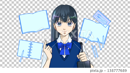 テスト対策や受験勉強のイメージに使える、学習アイテムと女子学生のアニメ風イラスト、白バック 138777689