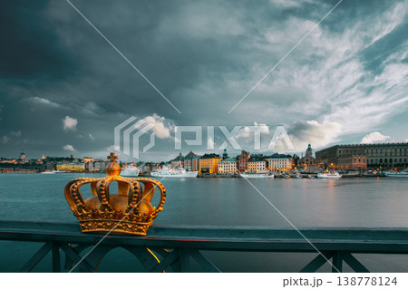 Golden Crown on Skeppsholmsbron Bridge in Stockholm 138778124