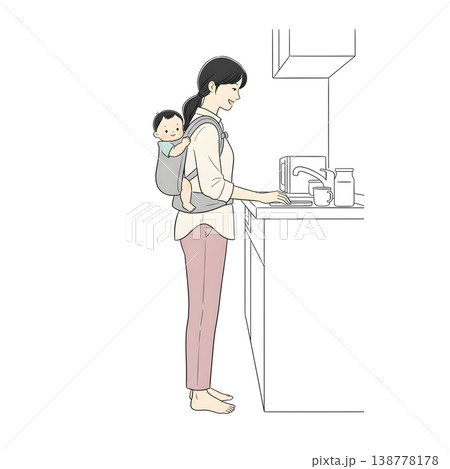 赤ちゃんをおんぶしながら家事をする母親（手描き風イラスト） 138778178
