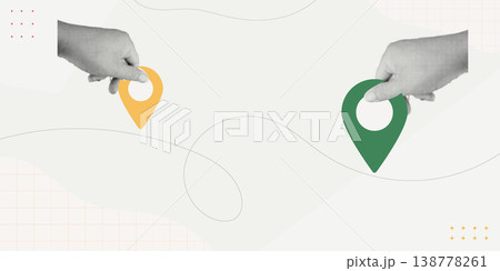 Trendy halftone collage of two person hands holding yellow and green location pin icons connected by a curved line, flat design concept for connecting locations, navigation, and map direction. Trendy halftone collage of two person hands holding yellow and green location pin icons connected by a curved line, flat design concept for connecting locations, navigation, and map direction. 138778261