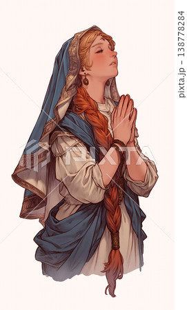 静寂の中で祈りを捧げる女性を描いた幻想的なイラスト、柔らかな光と落ち着いた雰囲気が心を癒す構図 138778284