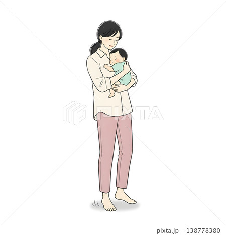 赤ちゃんを抱っこして寝かしつける母親（手描き風イラスト） 138778380