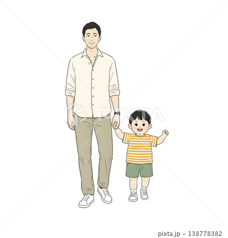 手をつないで歩く父親と幼児（手描き風イラスト） 138778382