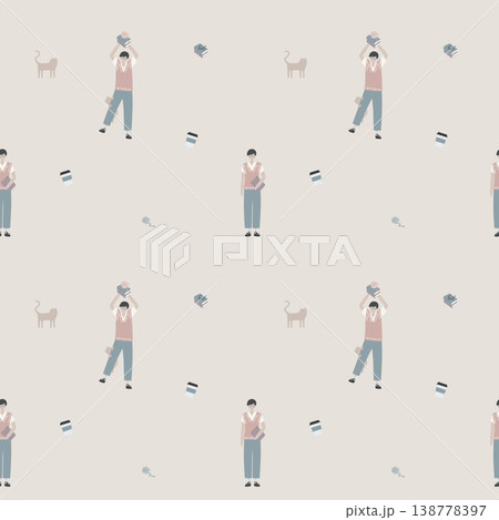 seamless minimal cozy everyday with boy, coffee, books and cat in soft pastel style repeat pattern background, flat jpg illustration graphic design 138778397