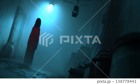 暗闇に佇む長い黒髪の幽霊女性｜日本的現代ホラーの恐怖イメージ