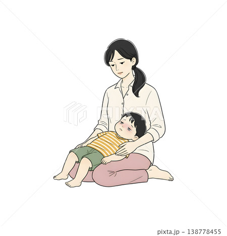 体調不良の子どもを膝に寝かせて見守る母親（手描き風イラスト） 138778455
