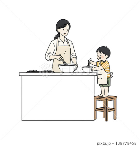 キッチンで一緒に料理する母親と幼児（手描き風イラスト） 138778458