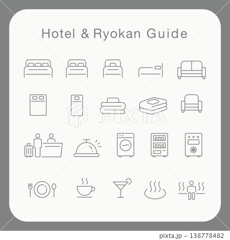 ホテル・旅館の館内案内ピクトグラム|ミニマル線画の設備・サービスUIアイコンセット ホテル・旅館の館内案内ピクトグラム|ミニマル線画の設備・サービスUIアイコンセット 138778482