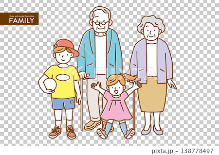 ナチュラルカラーでかわいい、シンプルな老夫婦と2人の孫のイラスト 138778497