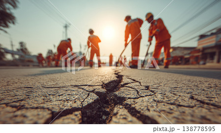 Road workers repairing cracked asphalt pavement on city street at sunset with construction team 138778595