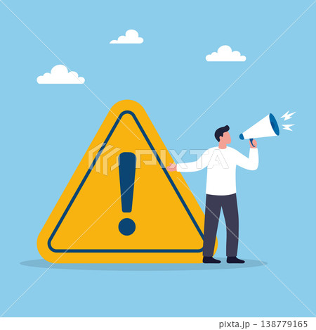 Person with megaphone standing next to large yellow warning triangle sign with exclamation mark representing alert announcement and public safety message 138779165