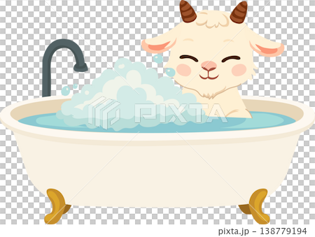 baby goat taking bath in bathtub with bubbles cute animal cartoon for children design nursery art and self care concept 138779194