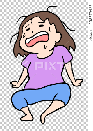 暑さで汗だくになり手を後ろについて座り込むコミカルな女性 暑さで汗だくになり手を後ろについて座り込むコミカルな女性 138779422