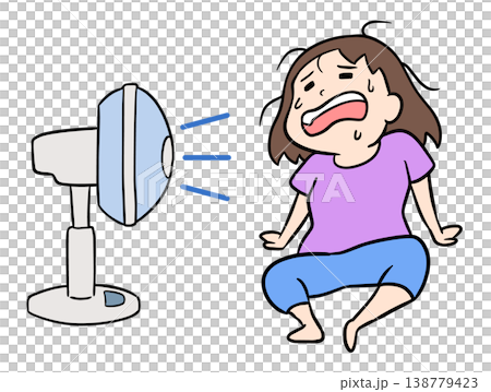 A comical woman, drenched in sweat from the heat, collapses with her hands behind her back, enjoying the breeze from a fan. 138779423