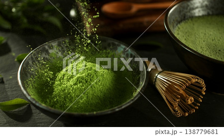 Freeze Motion Detail Shot of Sprinkling Matcha Powder Freeze Motion Detail Shot of Sprinkling Matcha Powder 138779681