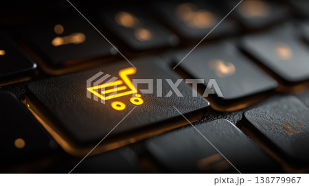 Online shopping cart icon on keyboard glowing ecommerce technology concept 138779967