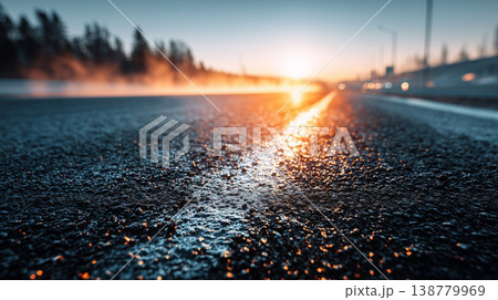 Wet asphalt road at sunrise with glowing light reflection and motion blur 138779969