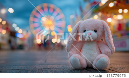 Cute plush bunny toy at amusement park with ferris wheel lights at night 138779976