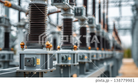 High voltage electrical substation equipment with insulators and power grid infrastructure 138779981