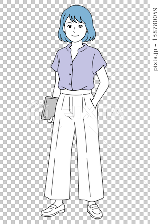 タブレットを持つ夏服のオフィスカジュアル女性のベクターイラスト 138780059