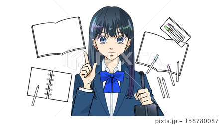 テスト対策や受験勉強のイメージに使える、学習アイテムと女子学生のアニメ風イラスト、白バック テスト対策や受験勉強のイメージに使える、学習アイテムと女子学生のアニメ風イラスト、白バック 138780087