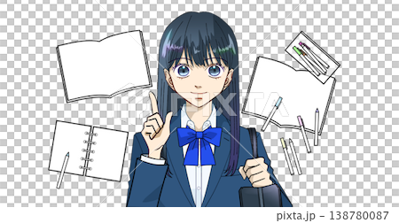 テスト対策や受験勉強のイメージに使える、学習アイテムと女子学生のアニメ風イラスト、白バック テスト対策や受験勉強のイメージに使える、学習アイテムと女子学生のアニメ風イラスト、白バック 138780087