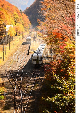 秋のJR釜石線（キハ110系）陸中大橋駅付近 138780163