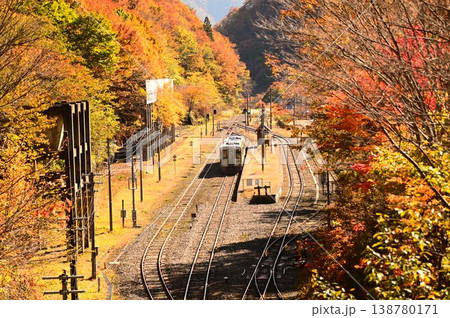 秋のJR釜石線（キハ110系）陸中大橋駅付近 138780171