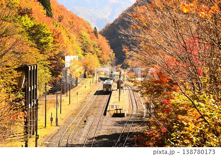 秋のJR釜石線（キハ110系）陸中大橋駅付近 138780173