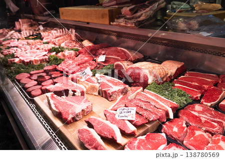 Fresh raw meat on display at a butcher stall in Borough Market 138780569