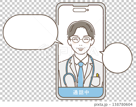 オンライン診療をする医師とスマートフォンのベクターイラスト 138780604