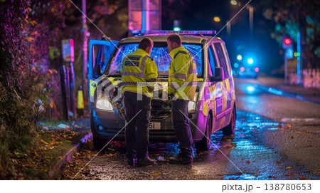 Police officers inspecting damaged vehicle at night road accident scene 138780653