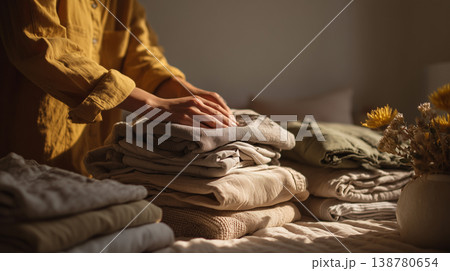 Woman folding clean clothes in warm sunlight cozy home interior 138780654