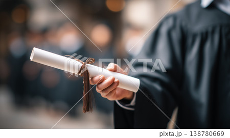 Graduation diploma in hand with academic robe ceremony background 138780669