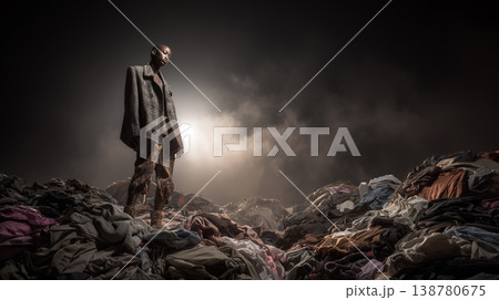 Young model standing on pile of discarded clothes highlighting fast fashion waste problem 138780675
