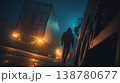 Silhouette of truck driver walking between cargo trucks at night in foggy industrial area 138780677