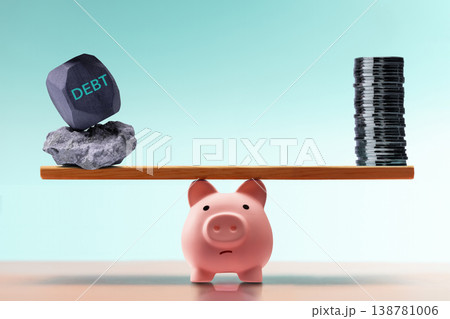 Piggy bank balancing savings and debt financial risk concept 138781006