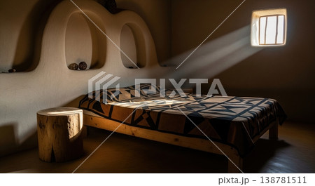 Rustic clay bedroom interior with sunlight rays hitting wooden bed with ethnic blanket 138781511