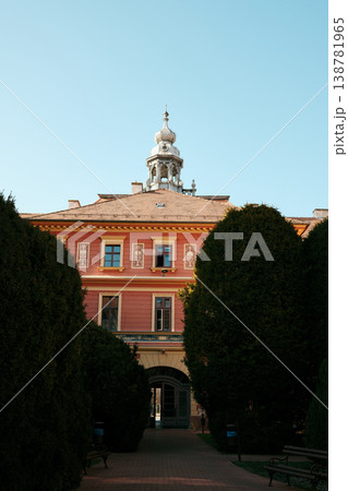 Elegant historic building with tower partially framed by tall trees in Sombor, Serbia. Symmetry and perspective in classic European architecture scene 138781965